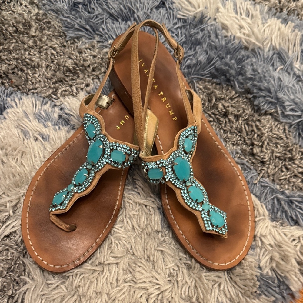 Ivanka Trump Turquoise Beaded Brown Leather T-Strap Sandals